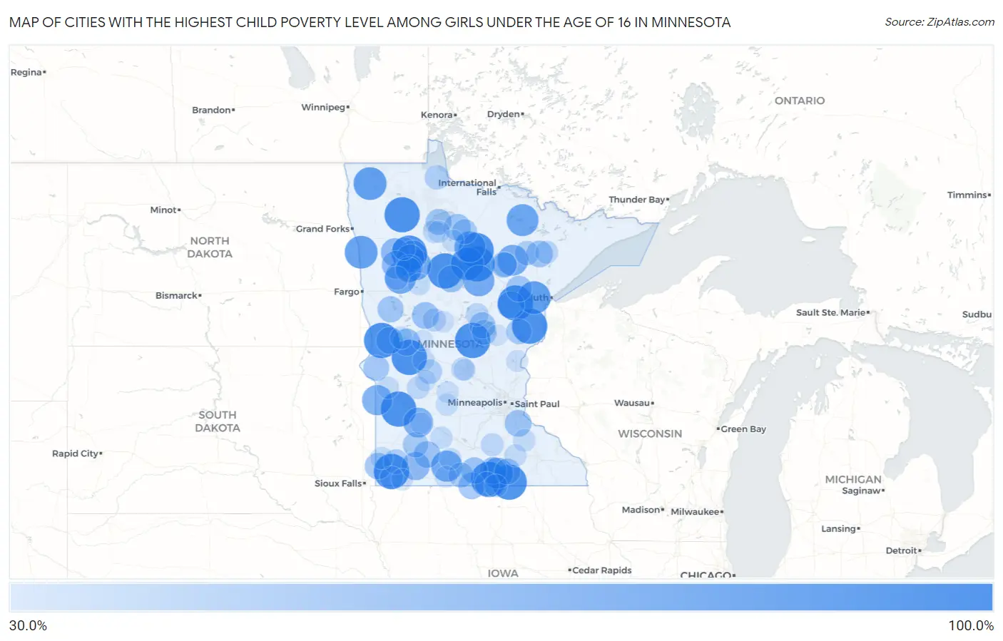 Cities with the Highest Child Poverty Level Among Girls Under the Age of 16 in Minnesota Map