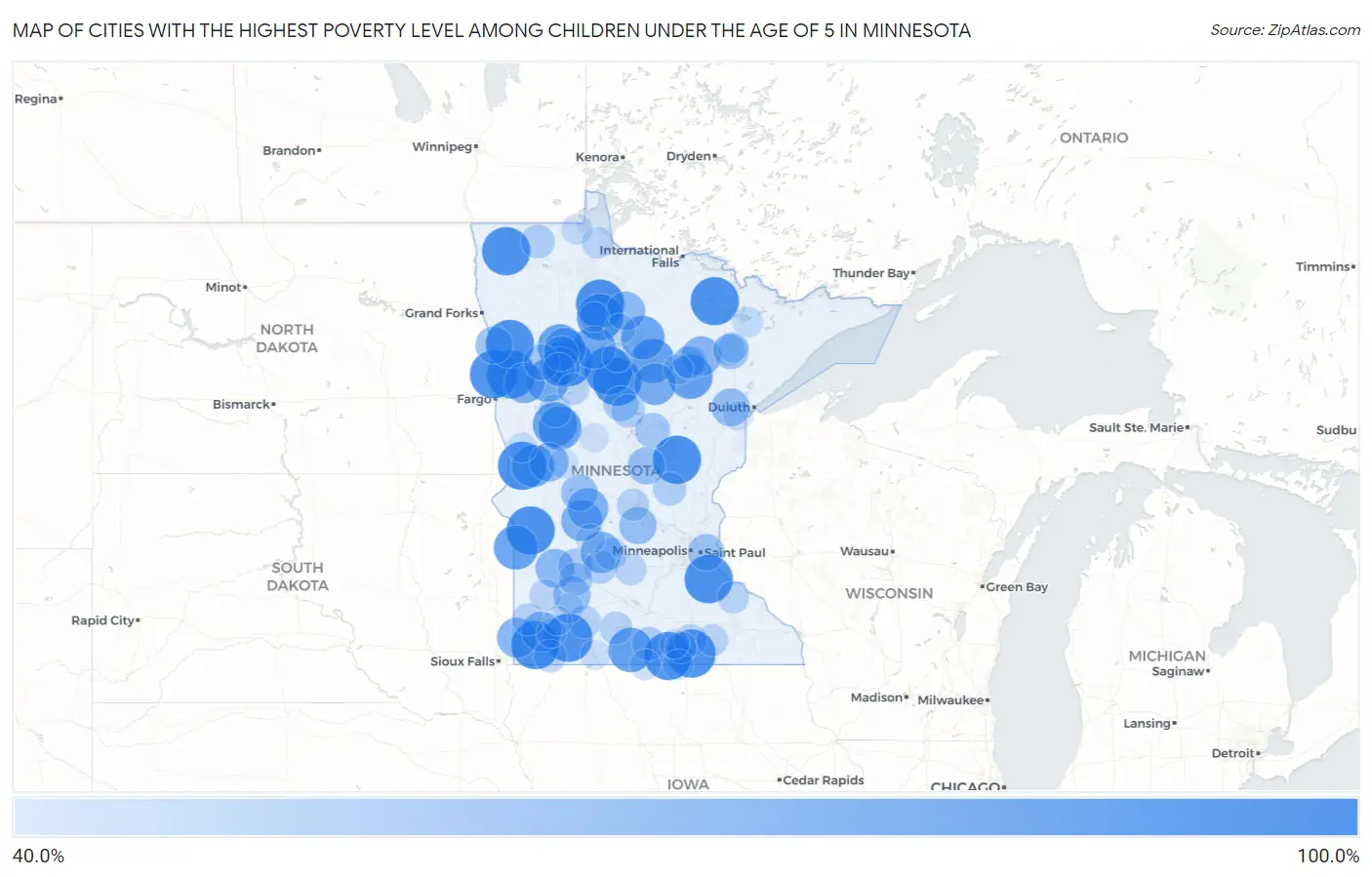 Cities with the Highest Poverty Level Among Children Under the Age of 5 in Minnesota Map