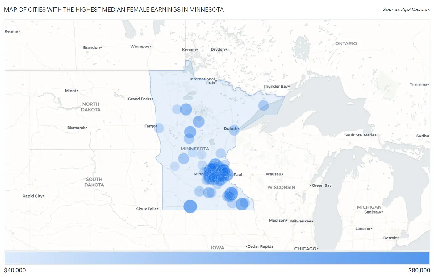 Cities with the Highest Median Female Earnings in Minnesota Map