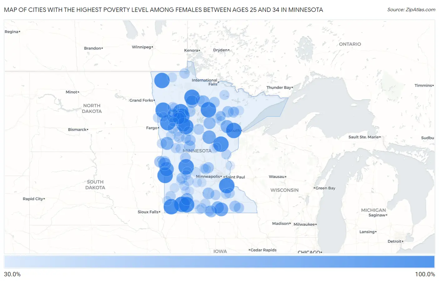 Cities with the Highest Poverty Level Among Females Between Ages 25 and 34 in Minnesota Map