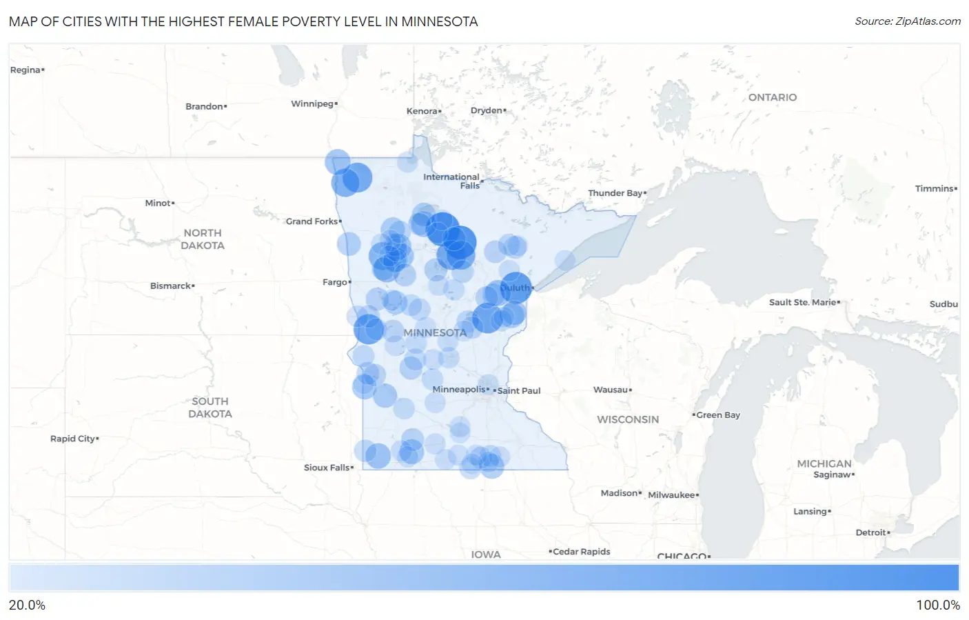 Cities with the Highest Female Poverty Level in Minnesota Map
