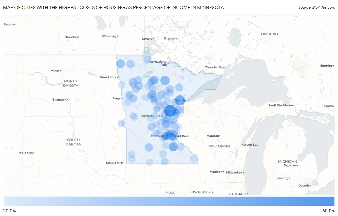 Cities with the Highest Costs of Housing as Percentage of Income in Minnesota Map