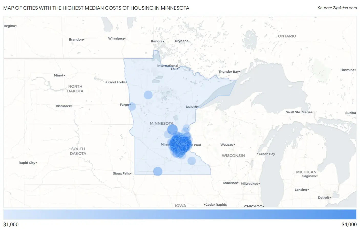 Cities with the Highest Median Costs of Housing in Minnesota Map