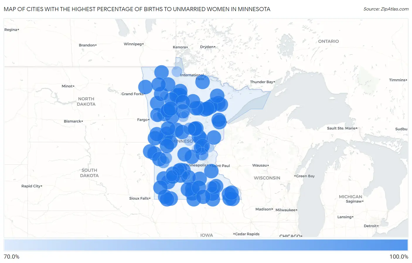Cities with the Highest Percentage of Births to Unmarried Women in Minnesota Map