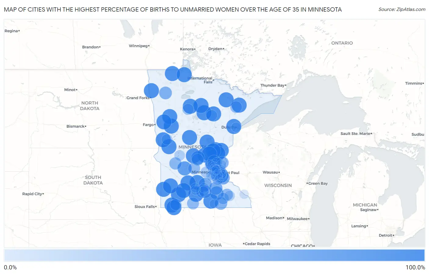 Cities with the Highest Percentage of Births to Unmarried Women over the Age of 35 in Minnesota Map