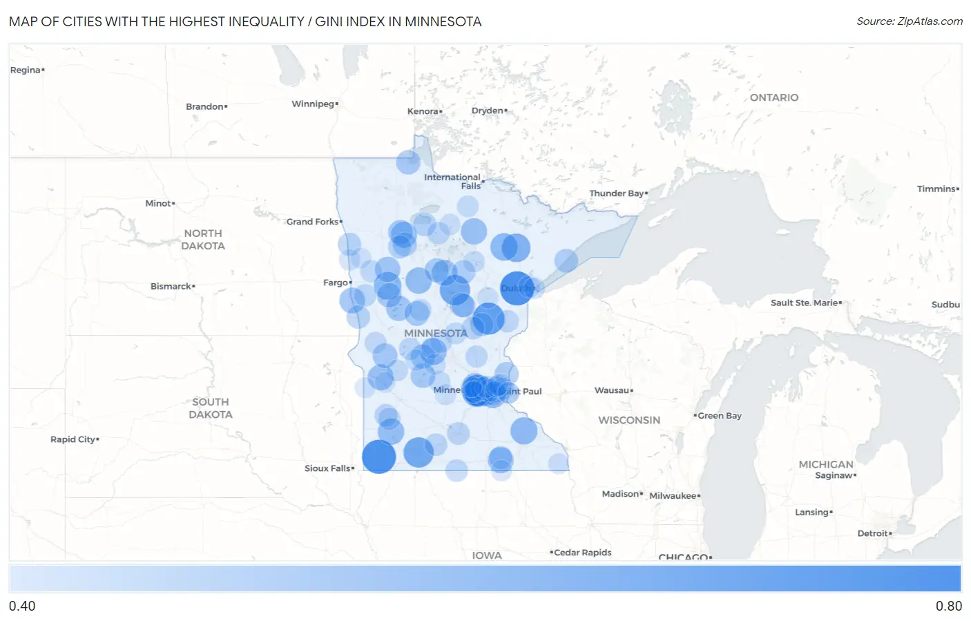 Cities with the Highest Inequality / Gini Index in Minnesota Map