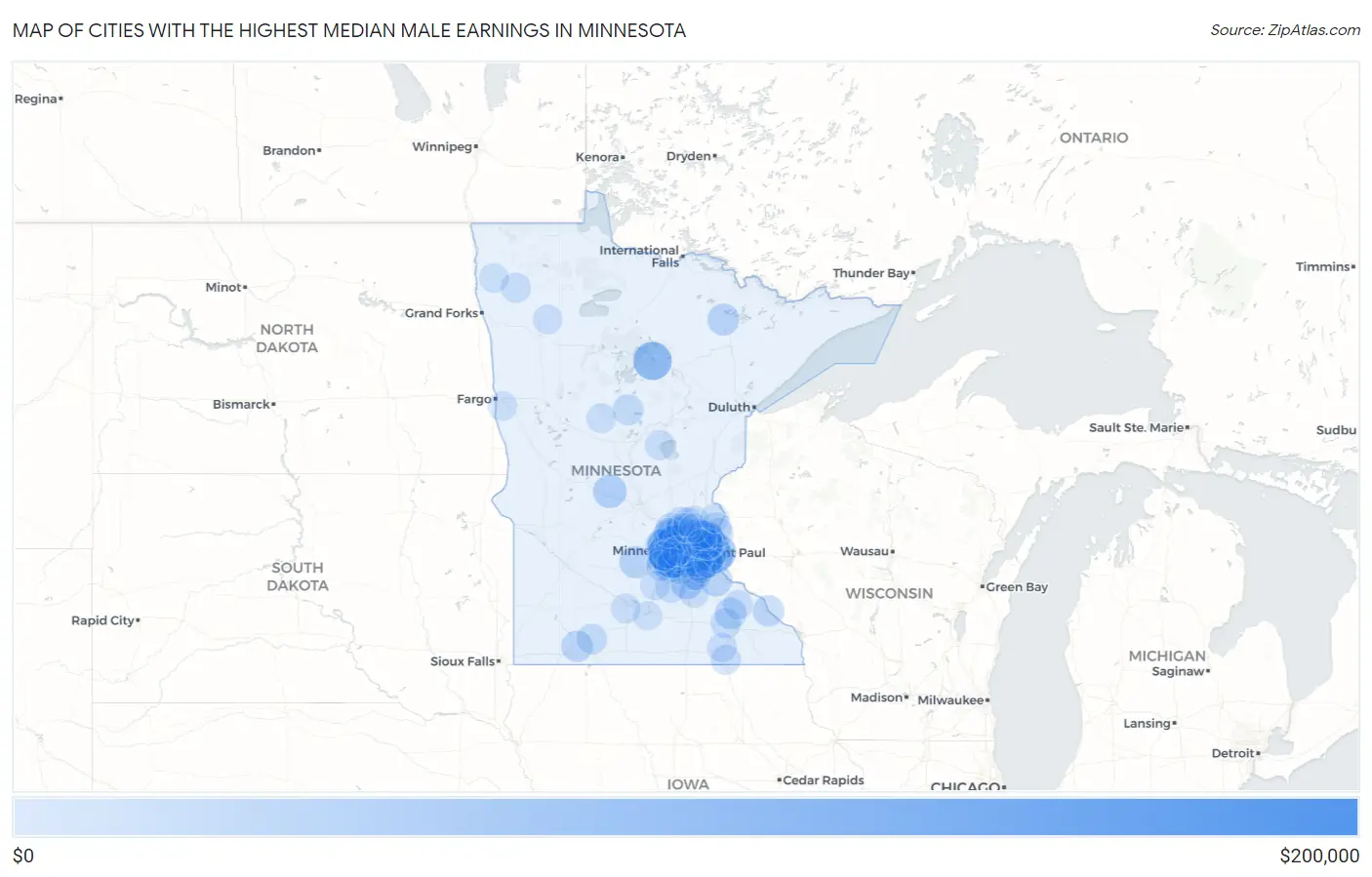Cities with the Highest Median Male Earnings in Minnesota Map