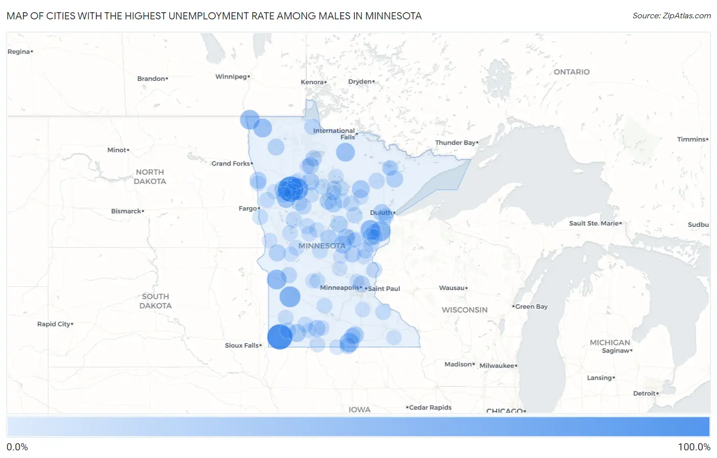 Cities with the Highest Unemployment Rate Among Males in Minnesota Map