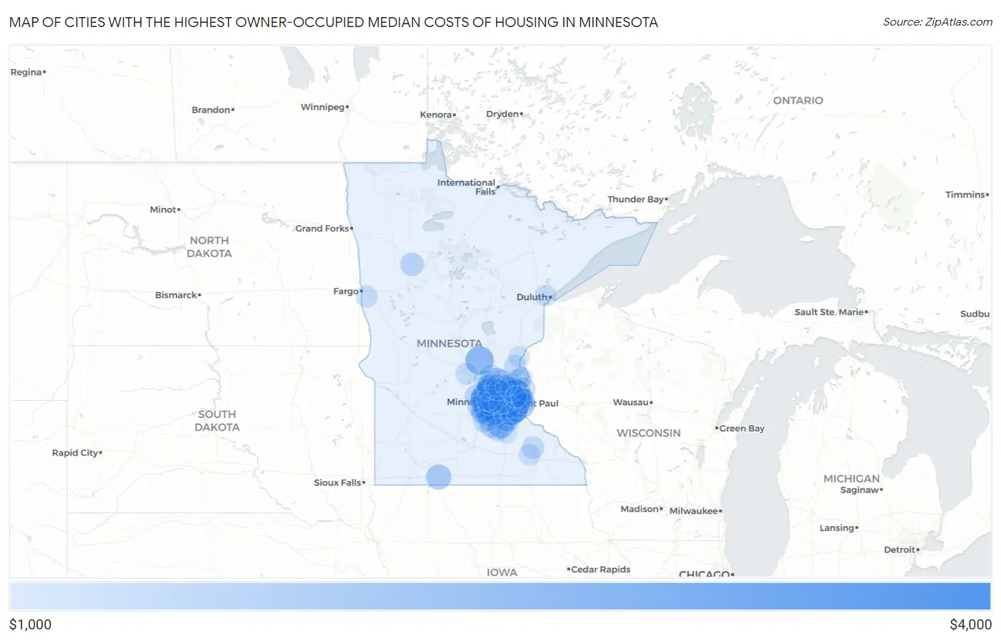 Cities with the Highest Owner-Occupied Median Costs of Housing in Minnesota Map