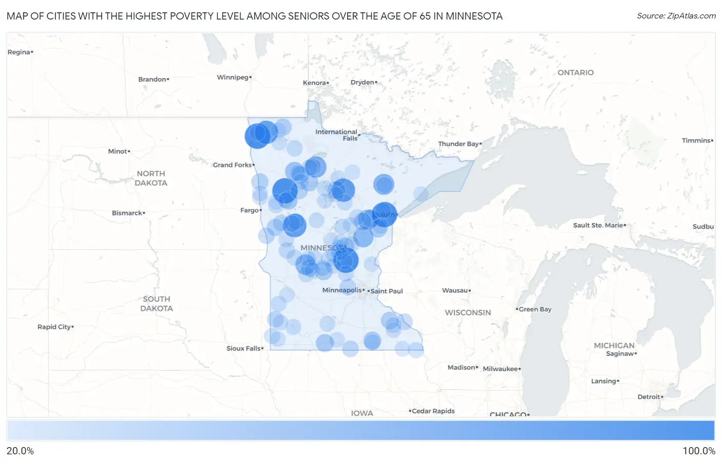 Cities with the Highest Poverty Level Among Seniors Over the Age of 65 in Minnesota Map