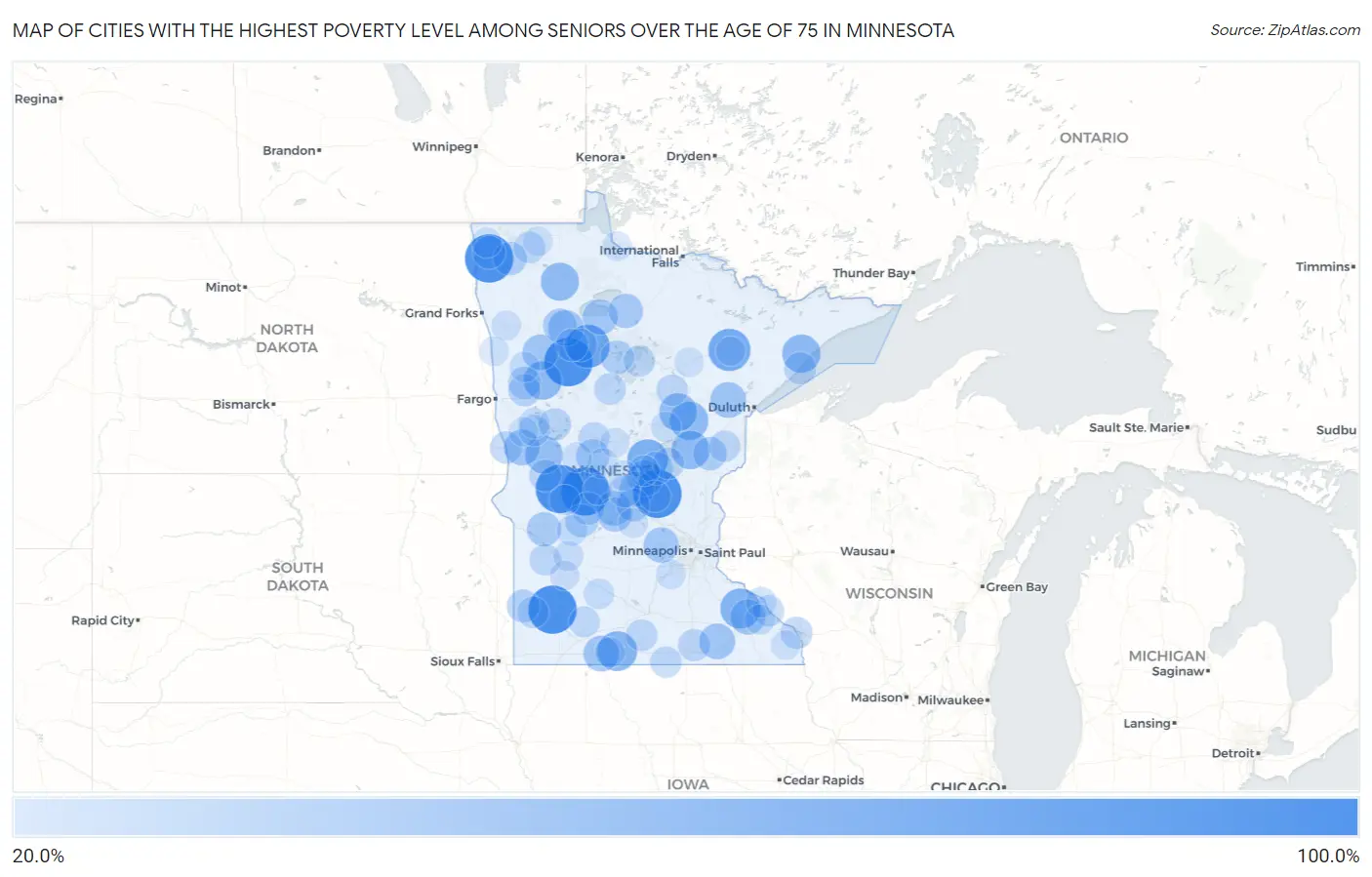 Cities with the Highest Poverty Level Among Seniors Over the Age of 75 in Minnesota Map