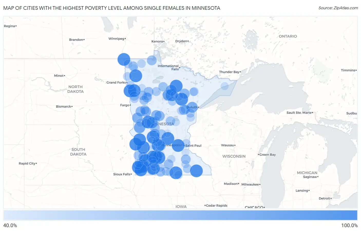 Cities with the Highest Poverty Level Among Single Females in Minnesota Map