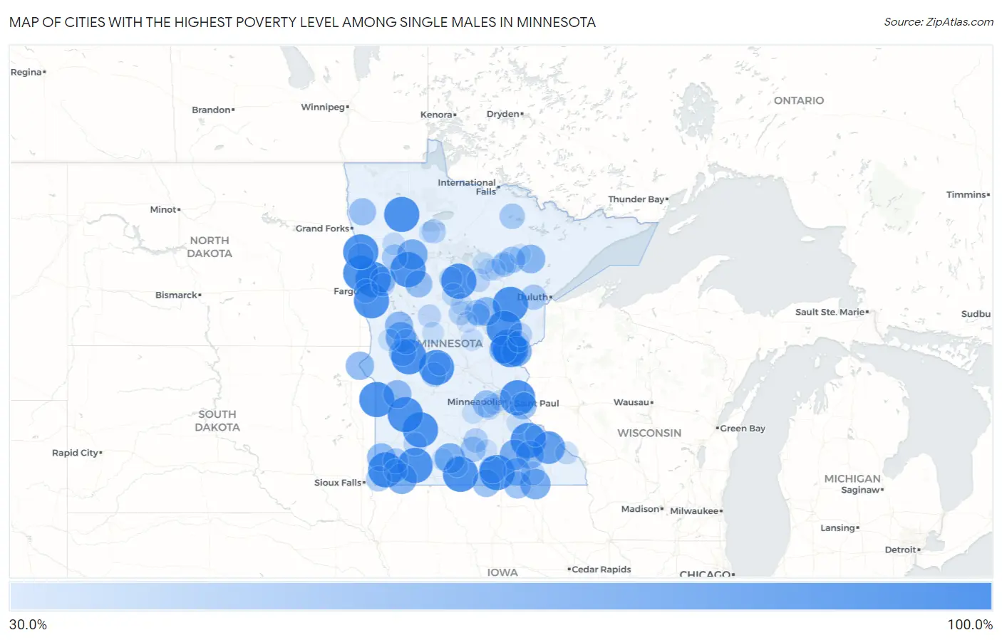 Cities with the Highest Poverty Level Among Single Males in Minnesota Map