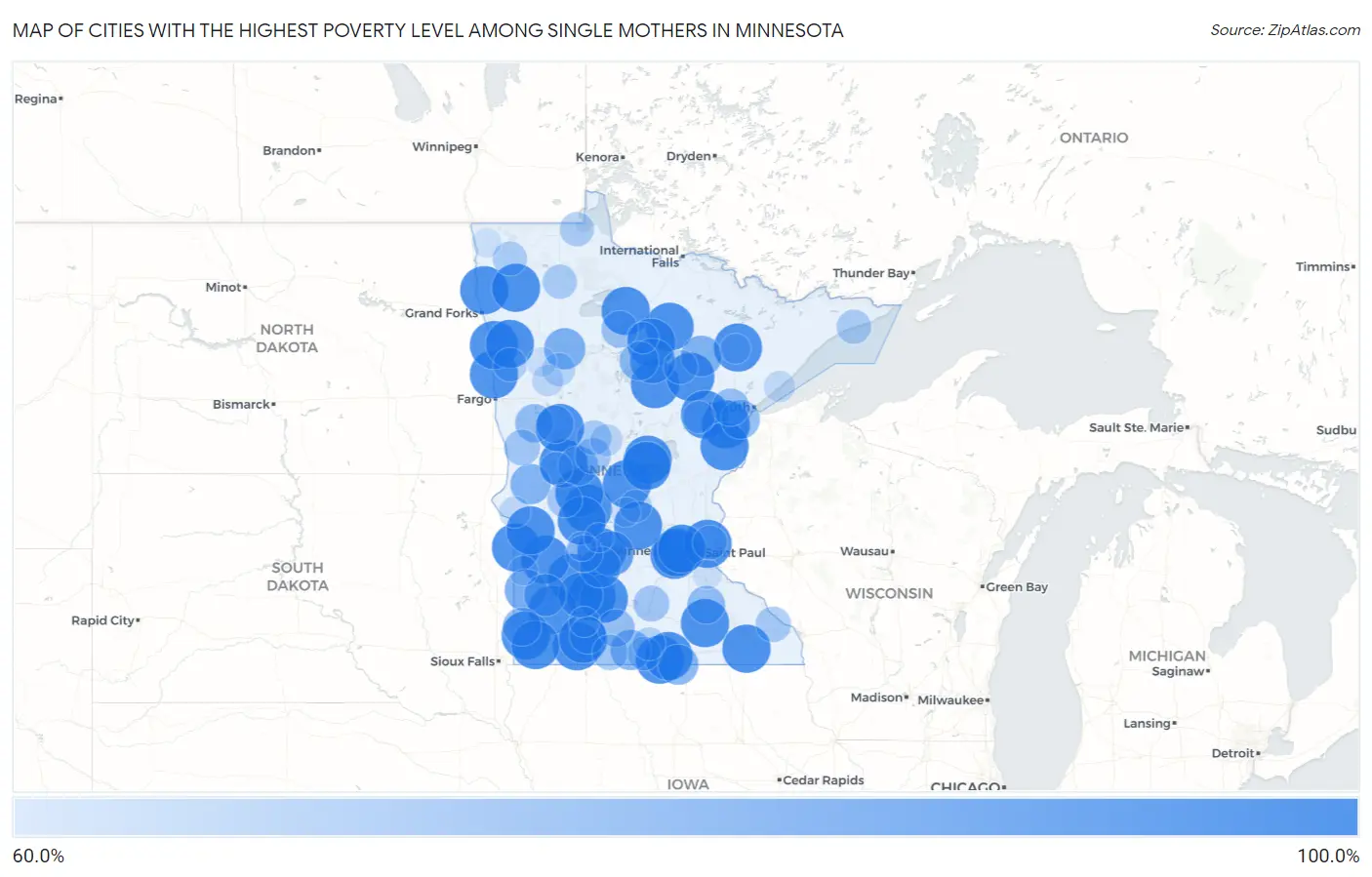 Cities with the Highest Poverty Level Among Single Mothers in Minnesota Map