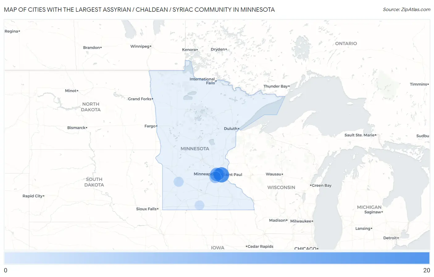 Cities with the Largest Assyrian / Chaldean / Syriac Community in Minnesota Map