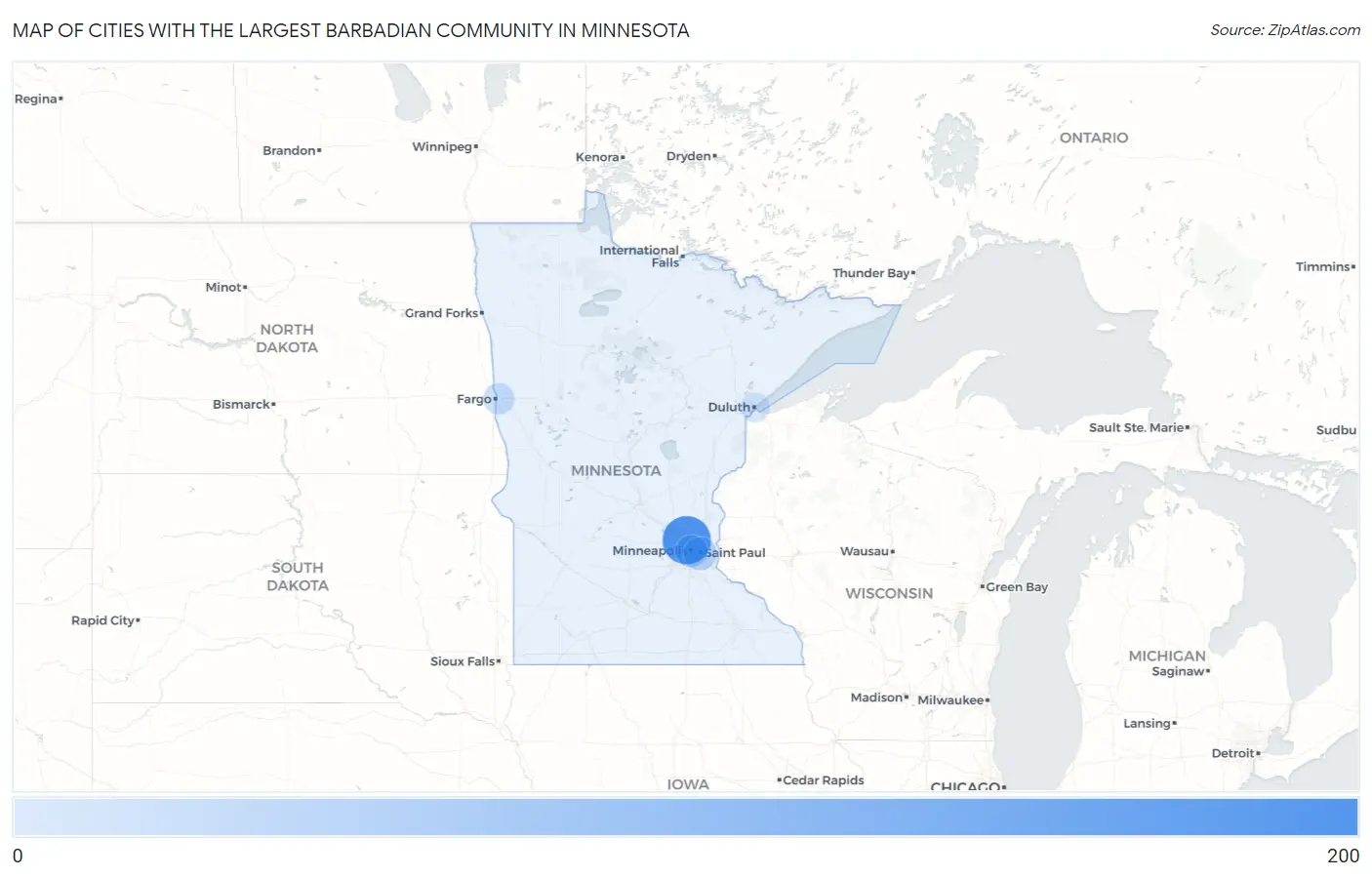 Cities with the Largest Barbadian Community in Minnesota Map