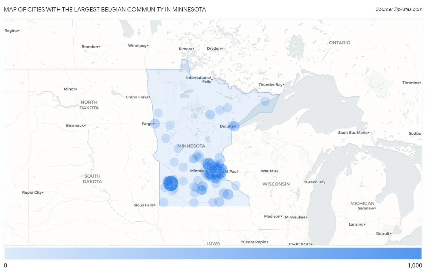 Cities with the Largest Belgian Community in Minnesota Map