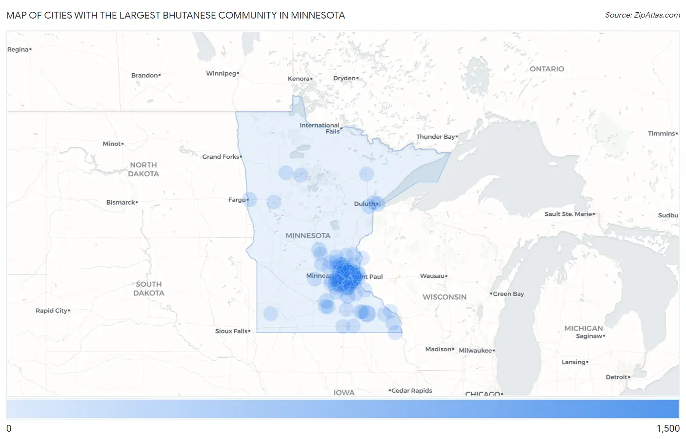Cities with the Largest Bhutanese Community in Minnesota Map