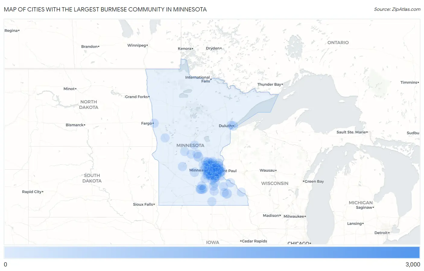 Cities with the Largest Burmese Community in Minnesota Map
