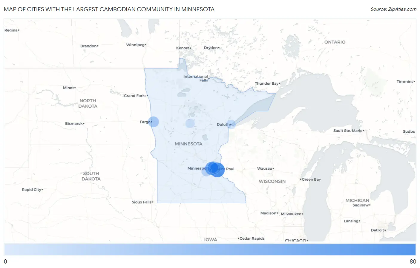 Cities with the Largest Cambodian Community in Minnesota Map