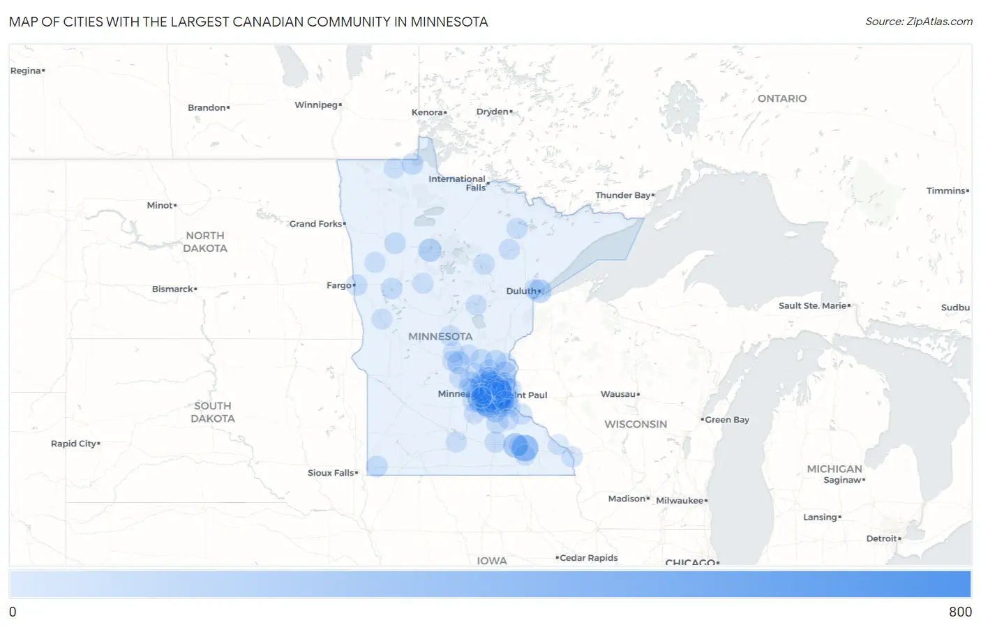 Cities with the Largest Canadian Community in Minnesota Map