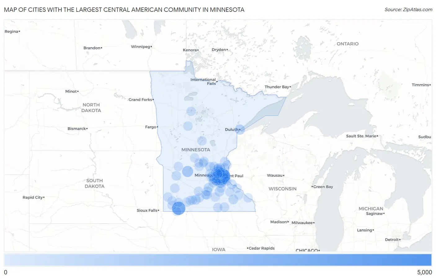 Cities with the Largest Central American Community in Minnesota Map