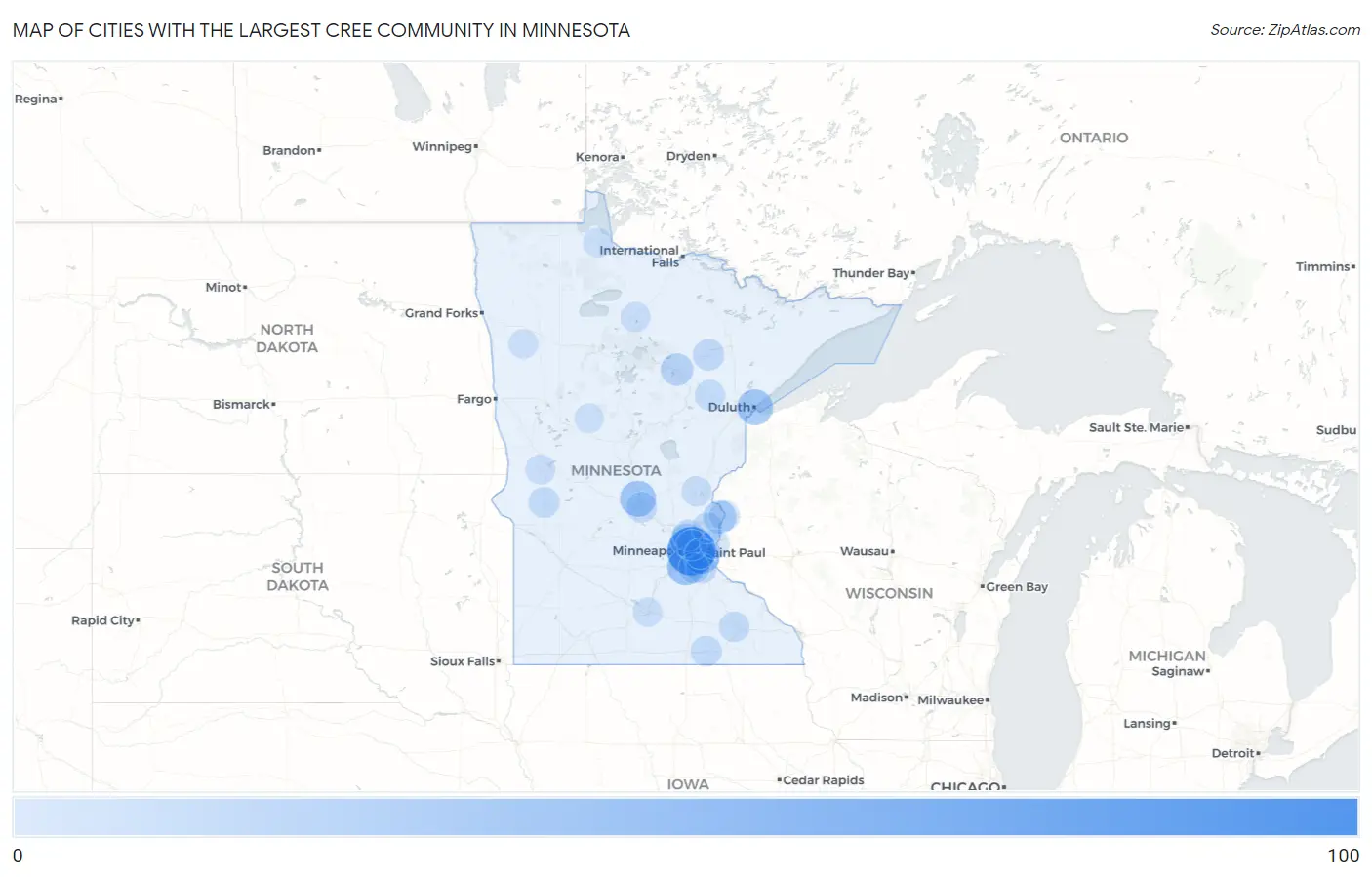 Cities with the Largest Cree Community in Minnesota Map