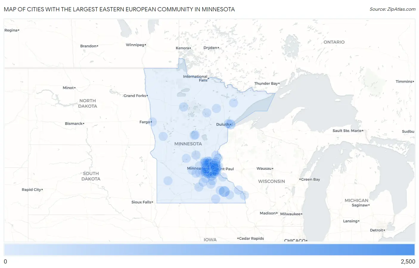 Cities with the Largest Eastern European Community in Minnesota Map