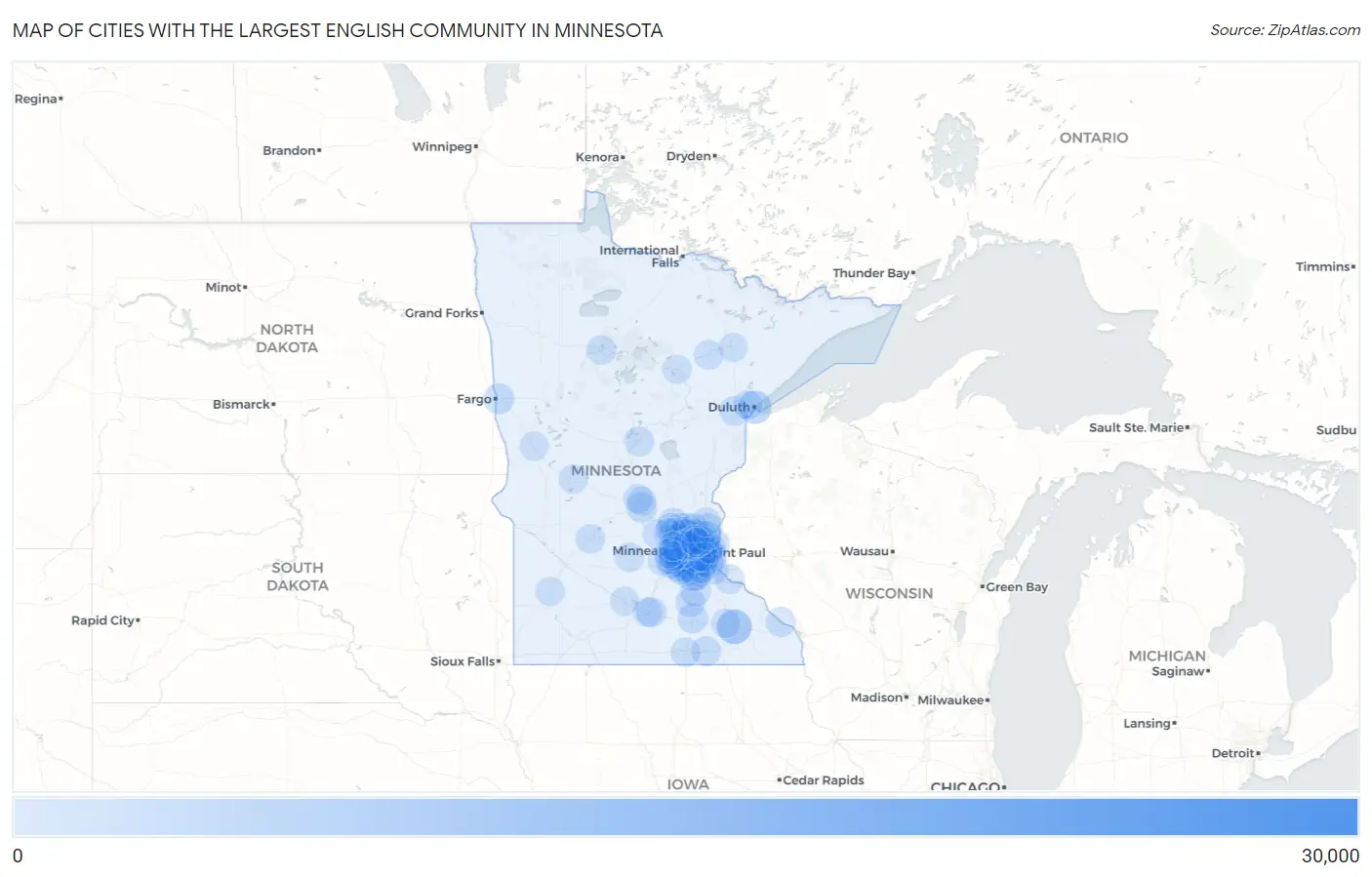 Cities with the Largest English Community in Minnesota Map