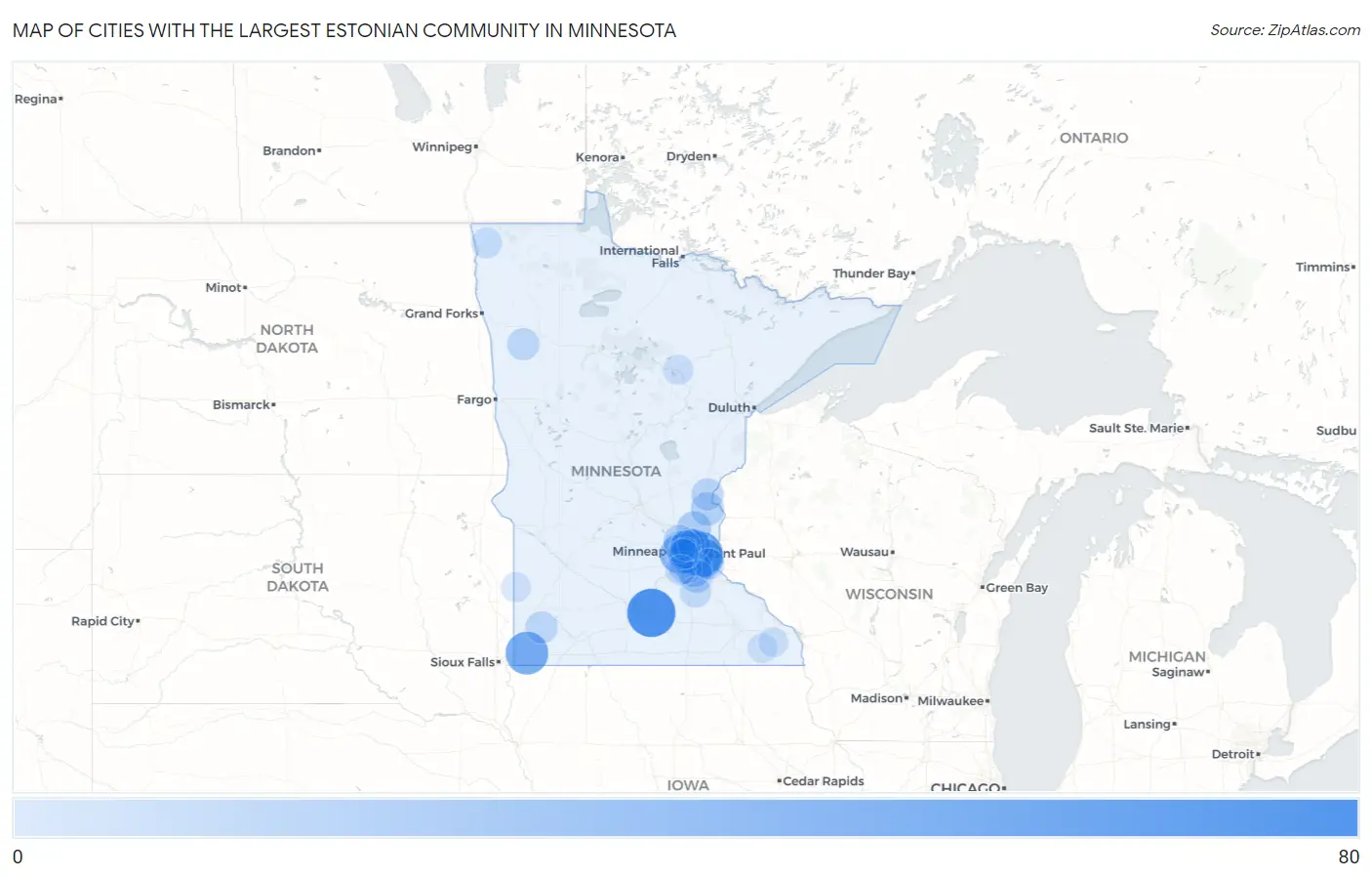 Cities with the Largest Estonian Community in Minnesota Map