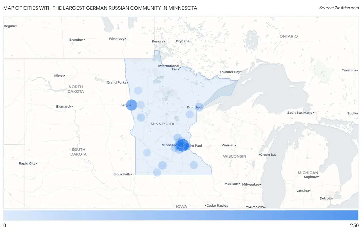 Cities with the Largest German Russian Community in Minnesota Map