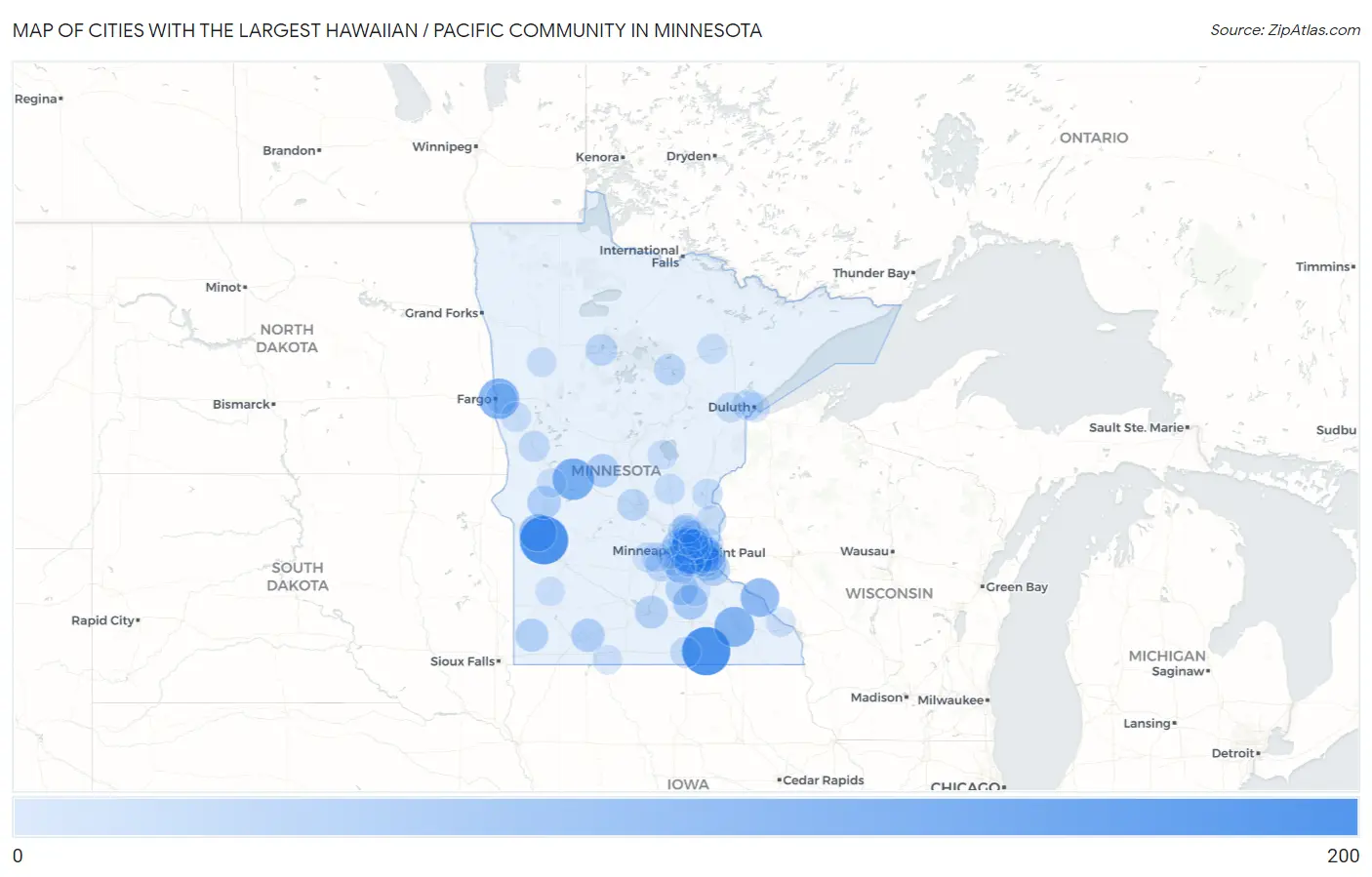Cities with the Largest Hawaiian / Pacific Community in Minnesota Map