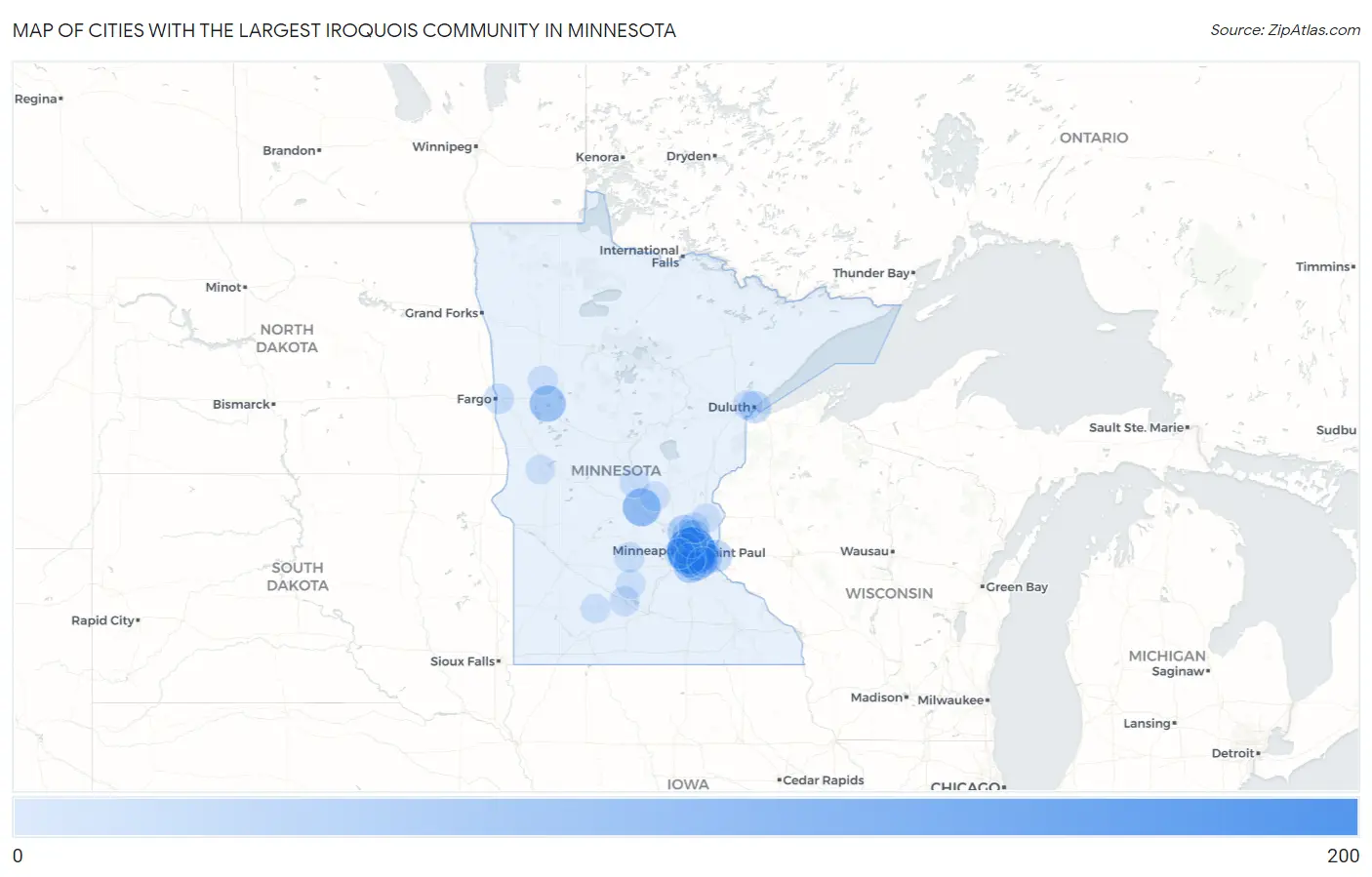 Cities with the Largest Iroquois Community in Minnesota Map