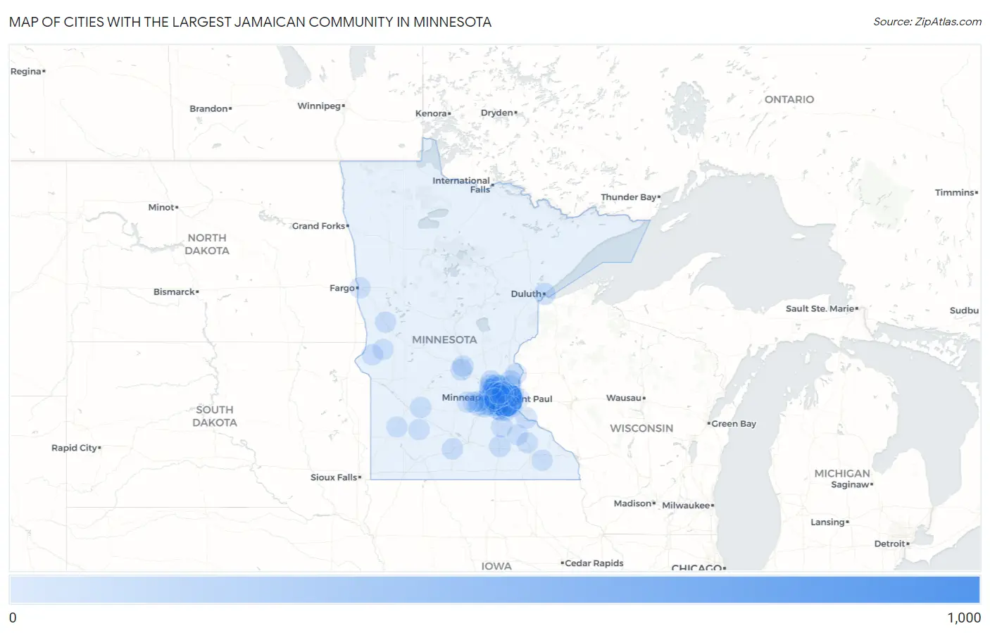 Cities with the Largest Jamaican Community in Minnesota Map