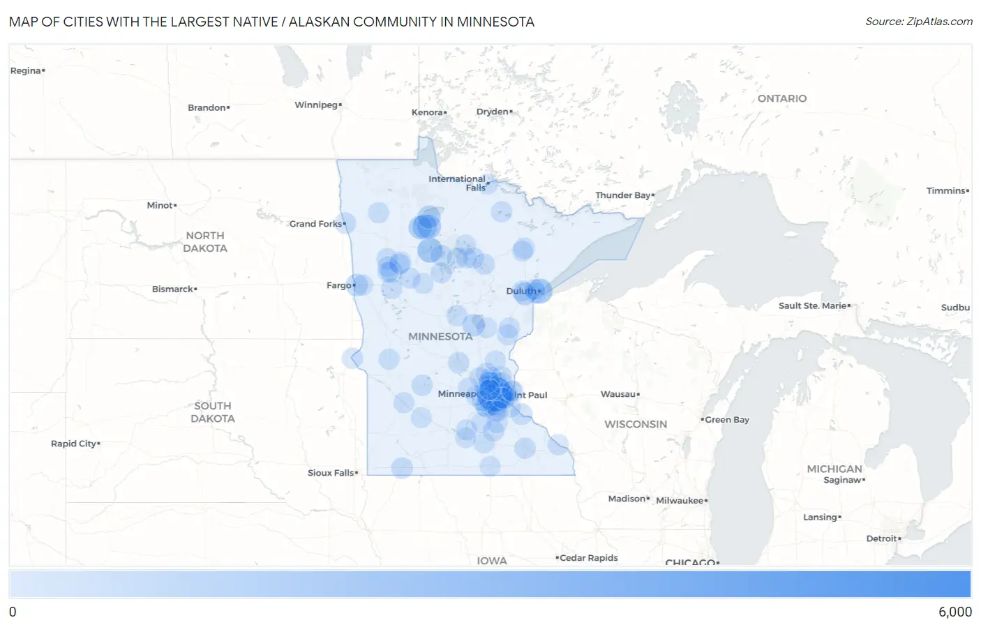 Cities with the Largest Native / Alaskan Community in Minnesota Map