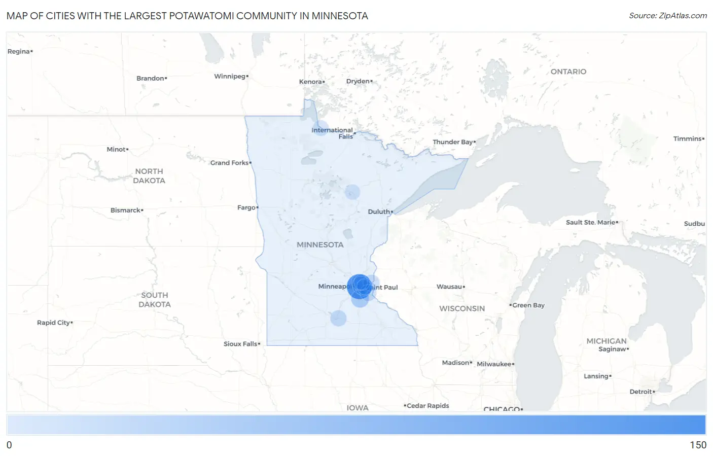 Cities with the Largest Potawatomi Community in Minnesota Map