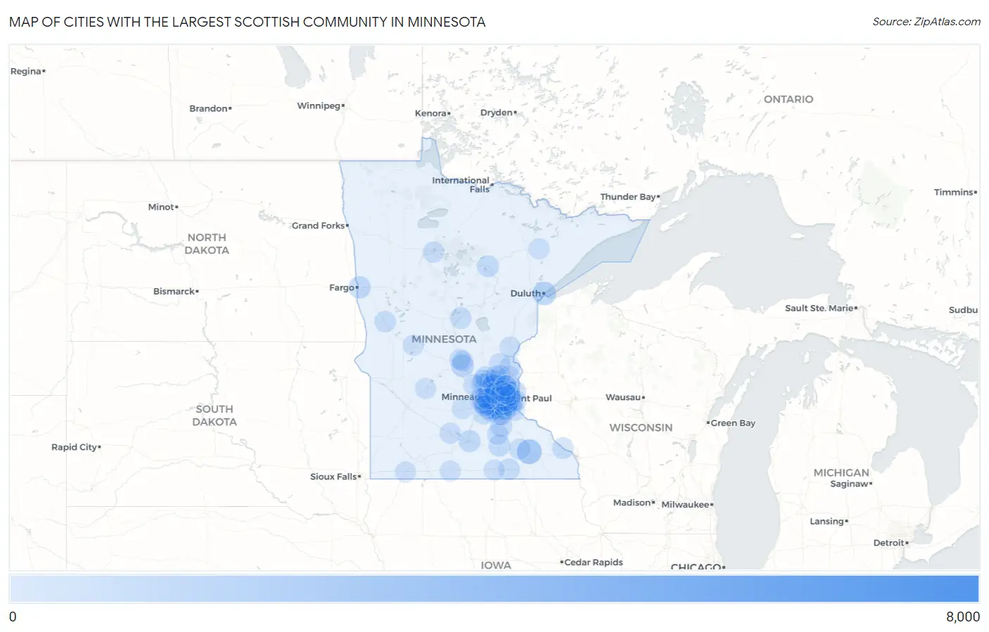 Cities with the Largest Scottish Community in Minnesota Map