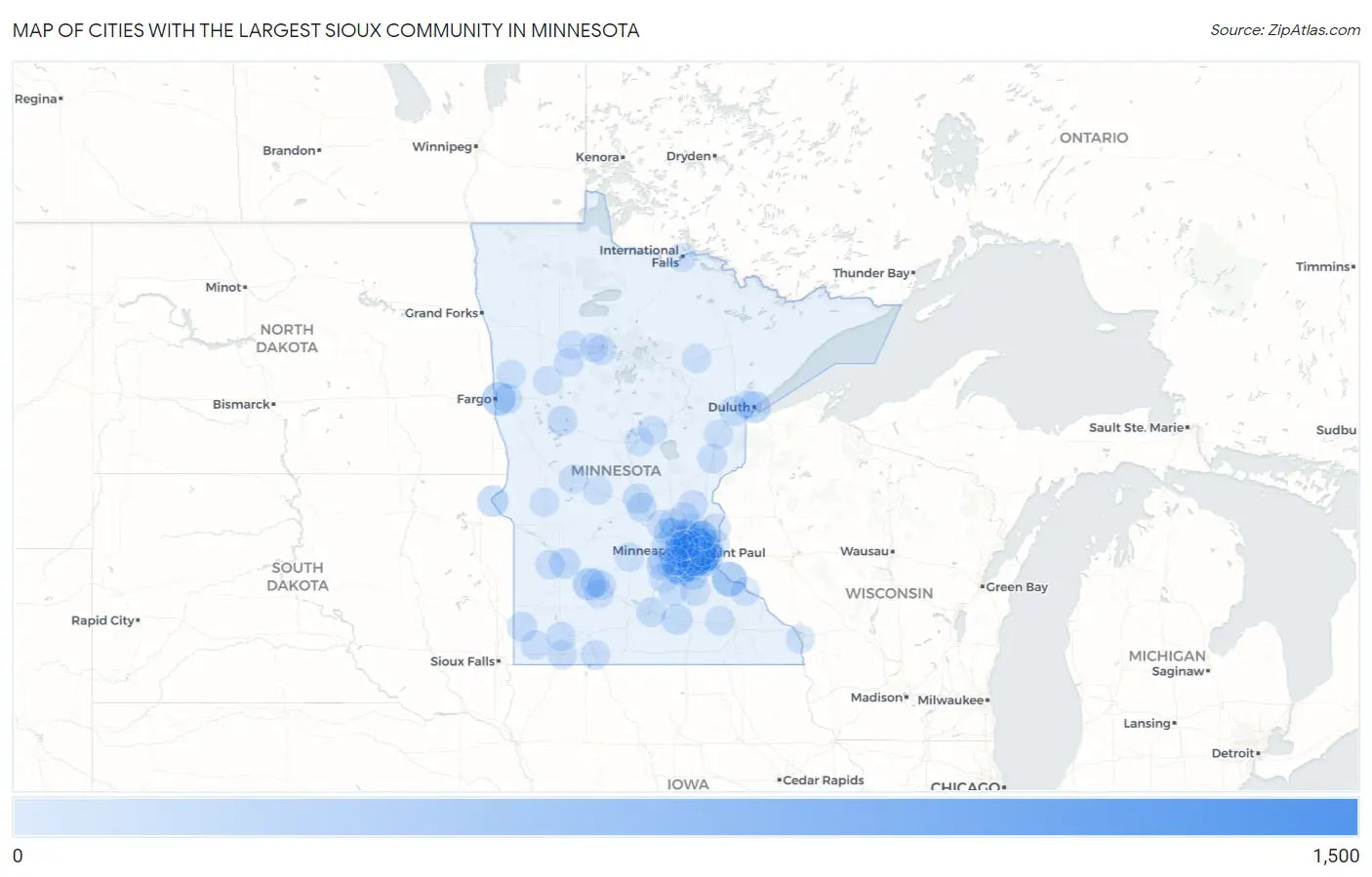 Cities with the Largest Sioux Community in Minnesota Map