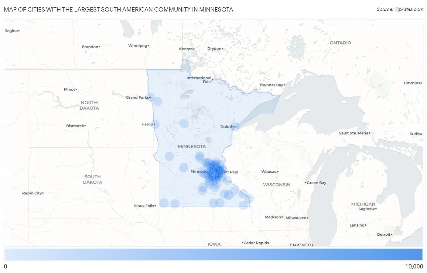 Cities with the Largest South American Community in Minnesota Map