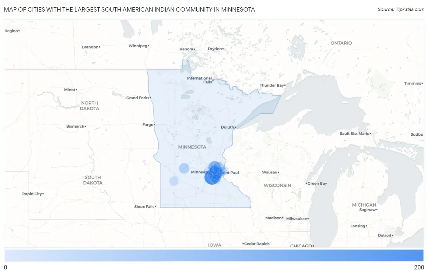 Cities with the Largest South American Indian Community in Minnesota Map