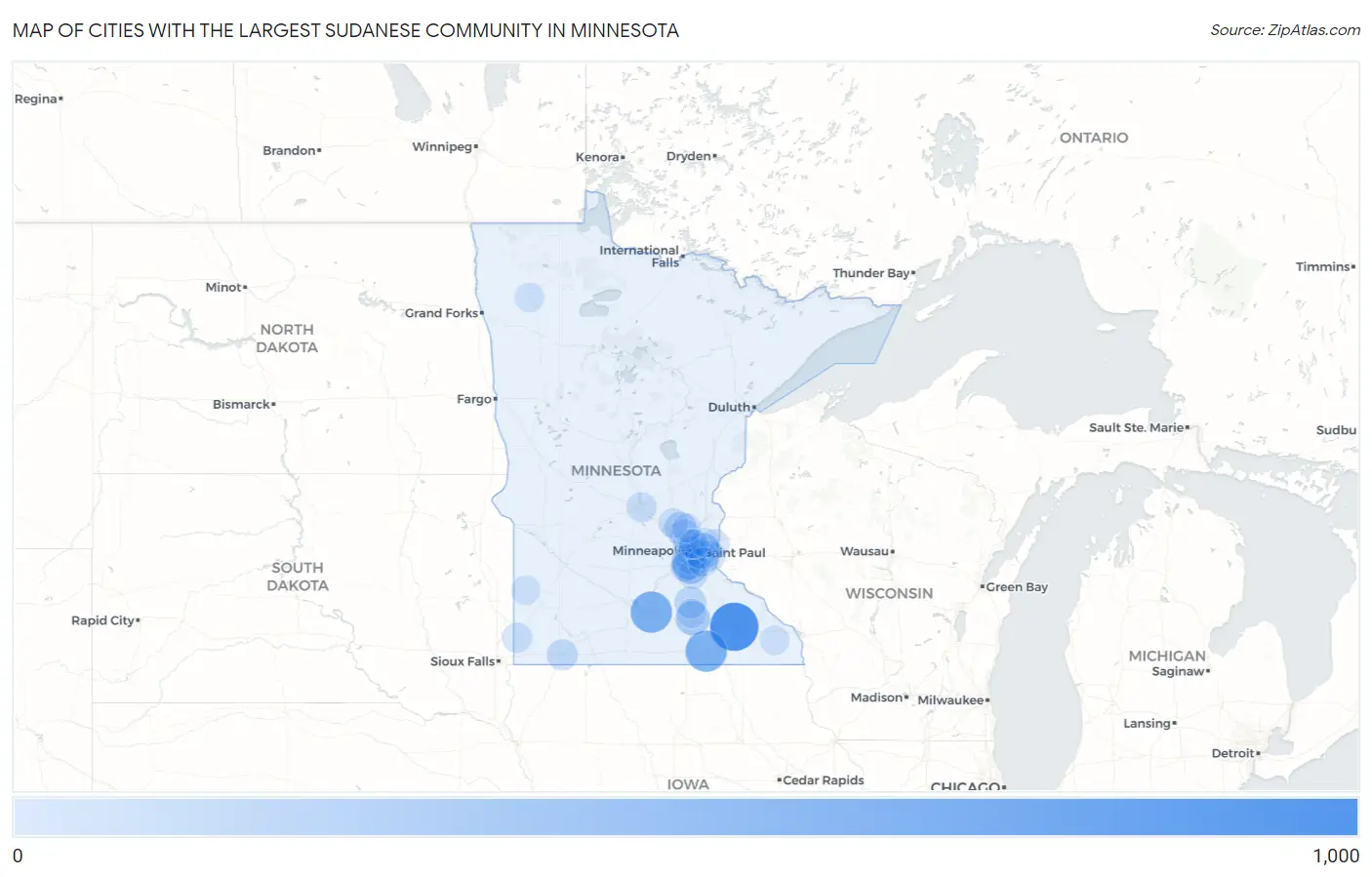 Cities with the Largest Sudanese Community in Minnesota Map