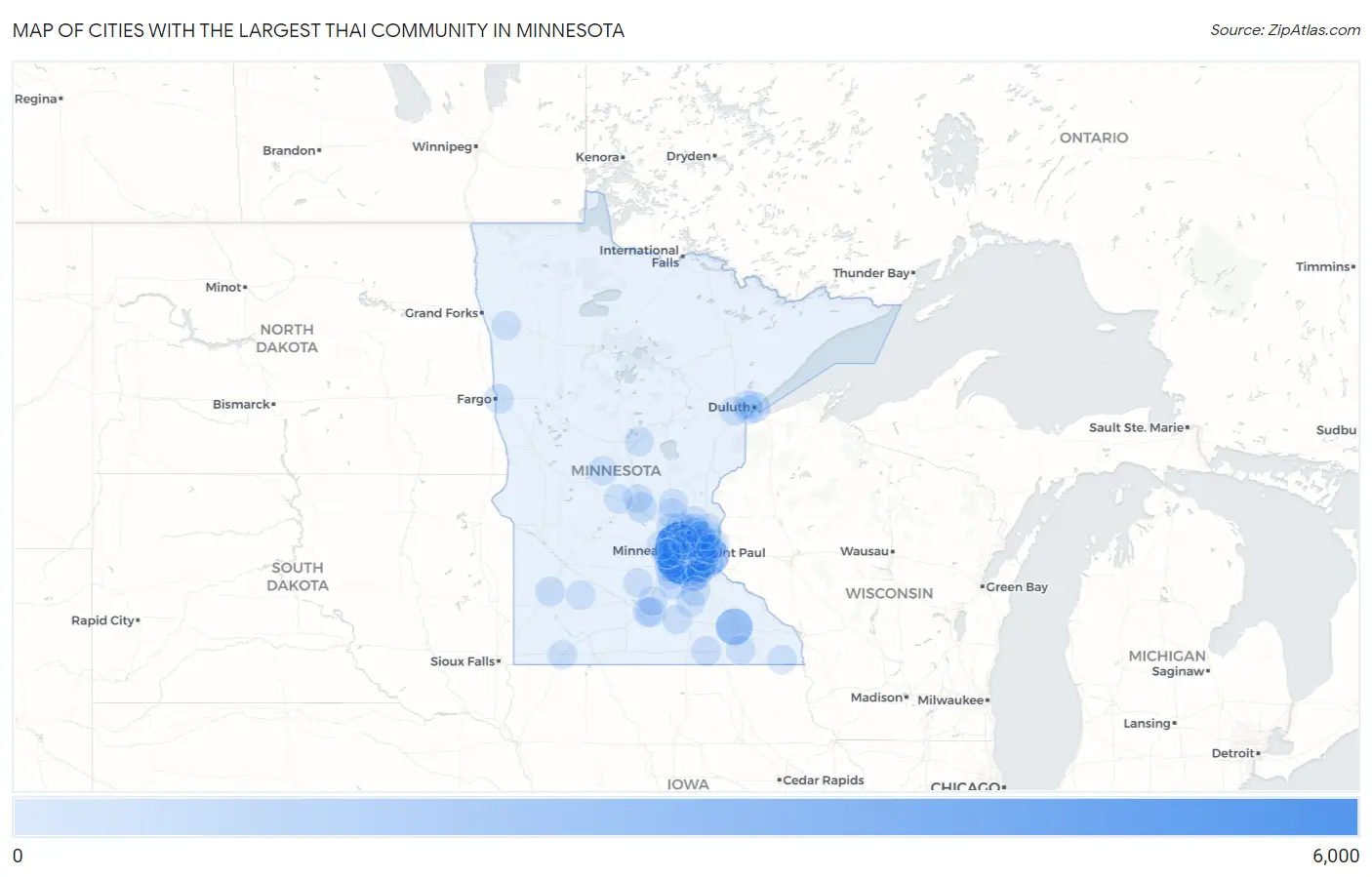 Cities with the Largest Thai Community in Minnesota Map