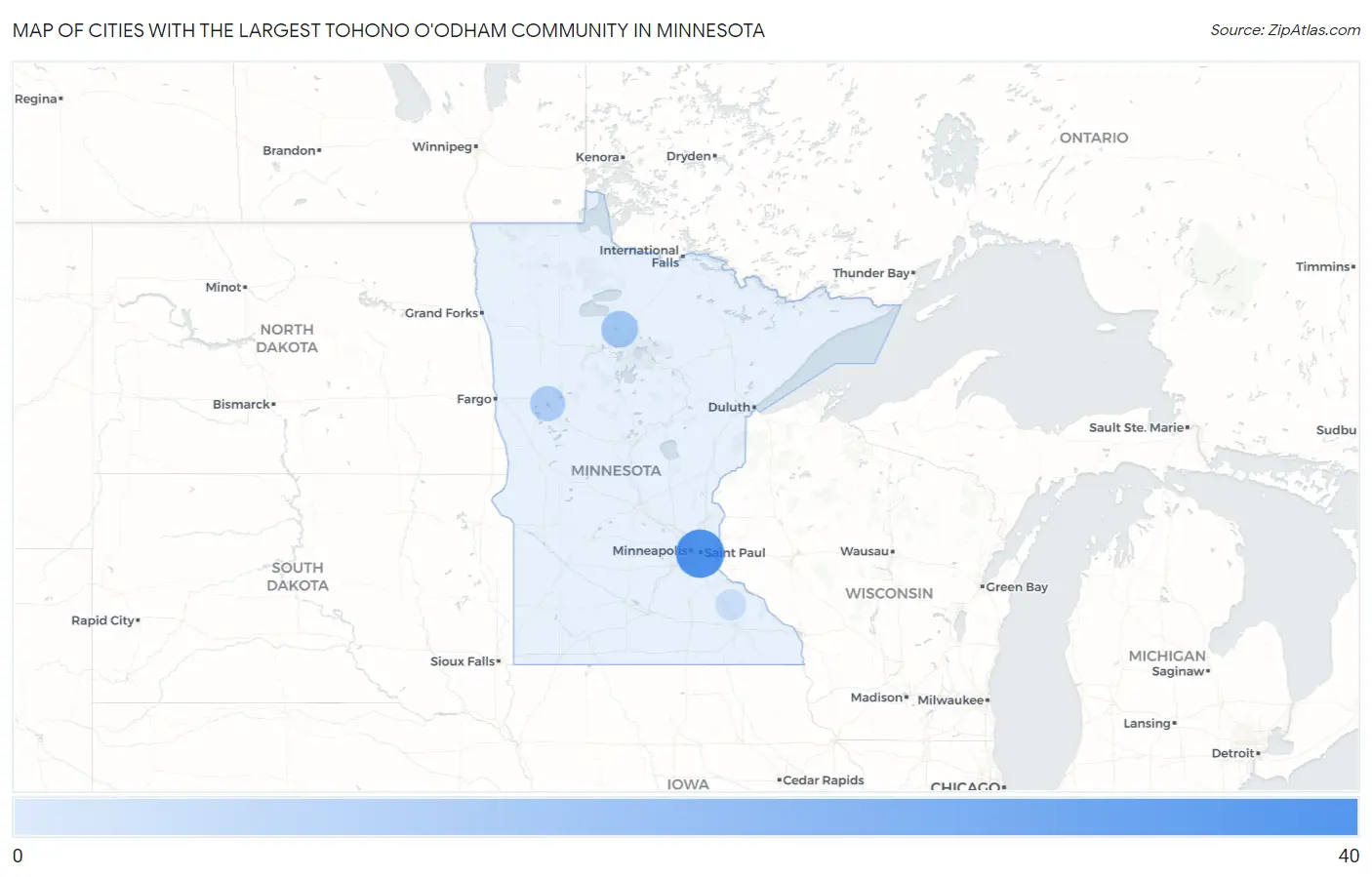 Cities with the Largest Tohono O'Odham Community in Minnesota Map