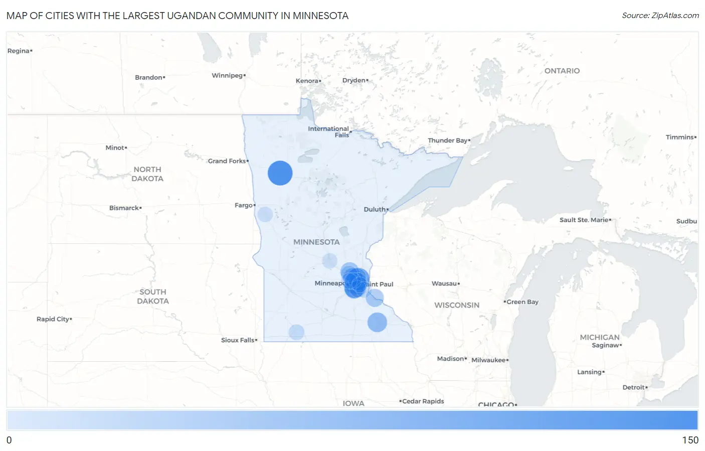 Cities with the Largest Ugandan Community in Minnesota Map