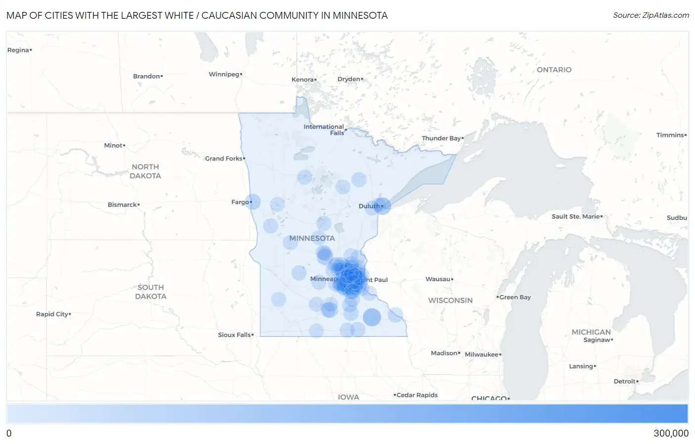 Cities with the Largest White / Caucasian Community in Minnesota Map