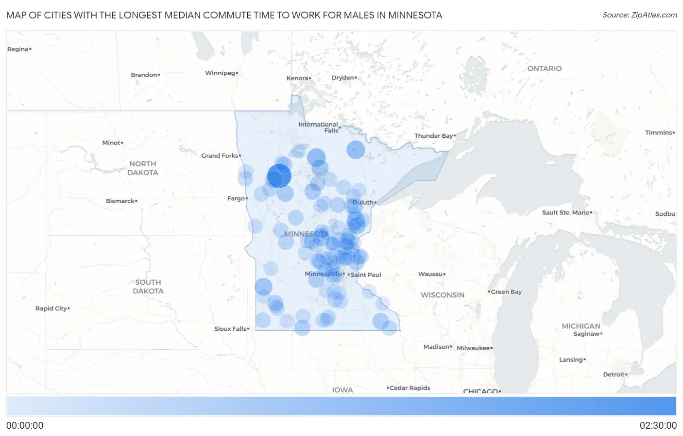 Cities with the Longest Median Commute Time to Work for Males in Minnesota Map