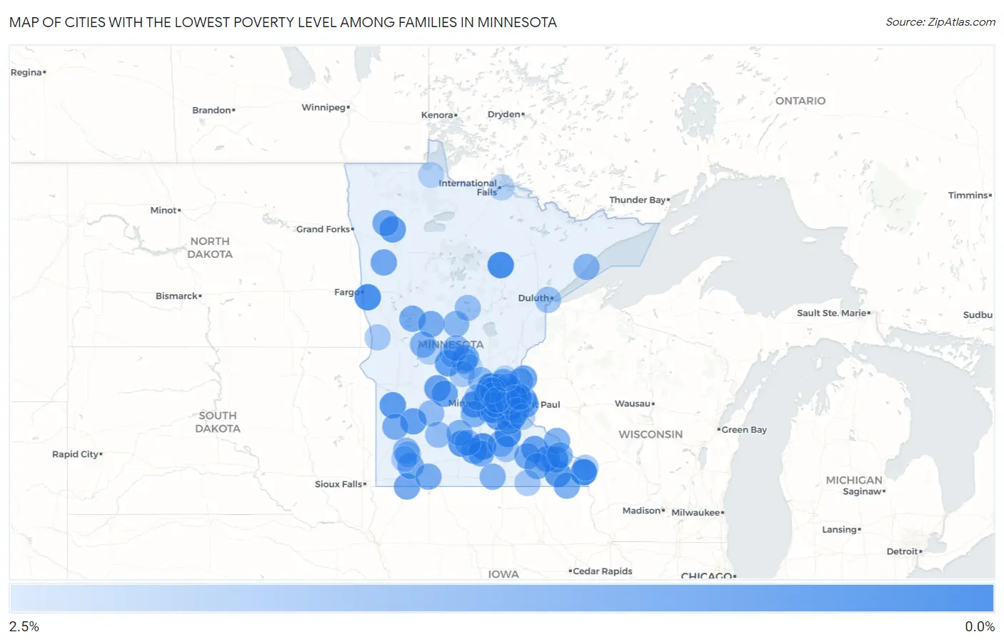 Cities with the Lowest Poverty Level Among Families in Minnesota Map