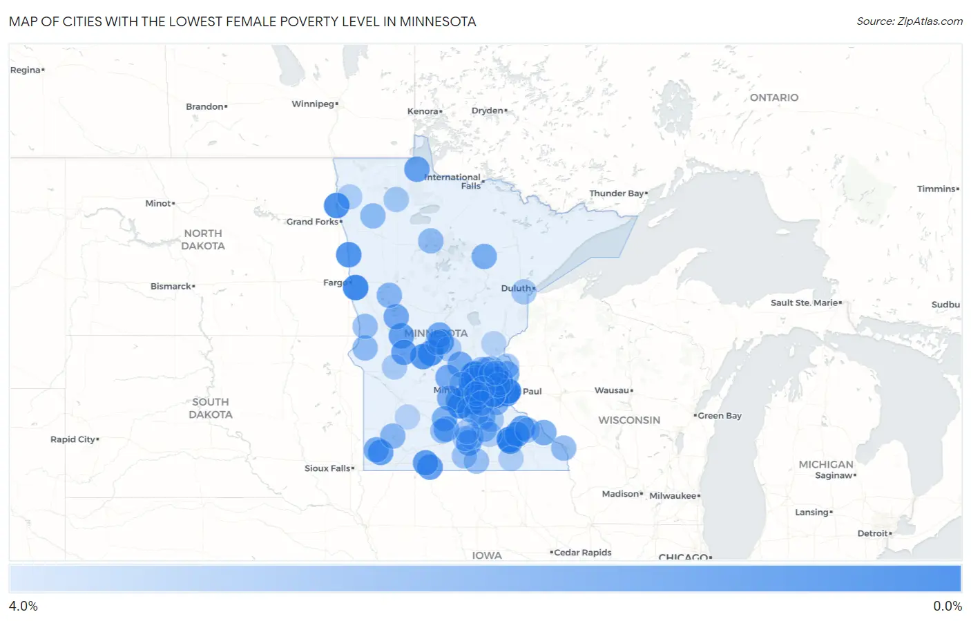 Cities with the Lowest Female Poverty Level in Minnesota Map