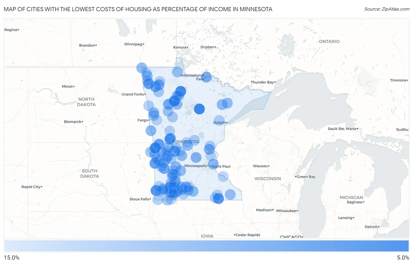 Cities with the Lowest Costs of Housing as Percentage of Income in Minnesota Map