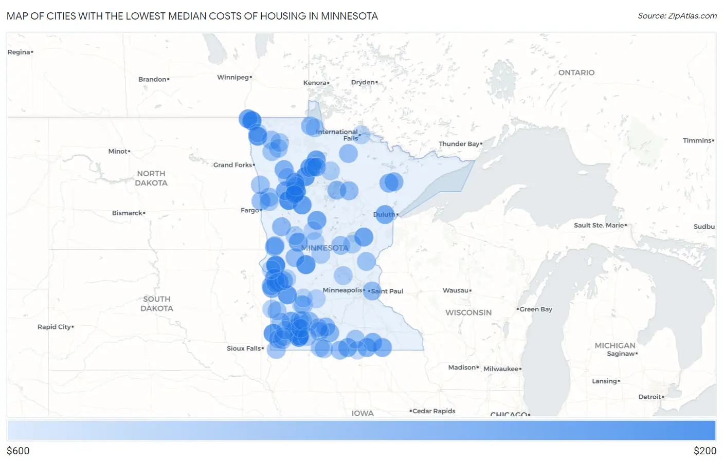 Cities with the Lowest Median Costs of Housing in Minnesota Map